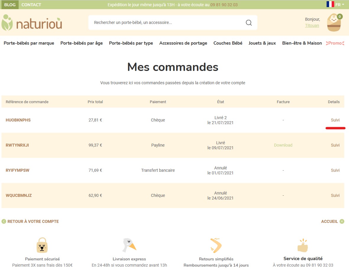 Dans l'historique des commandes cliquez sur suivi Page historique des commandes