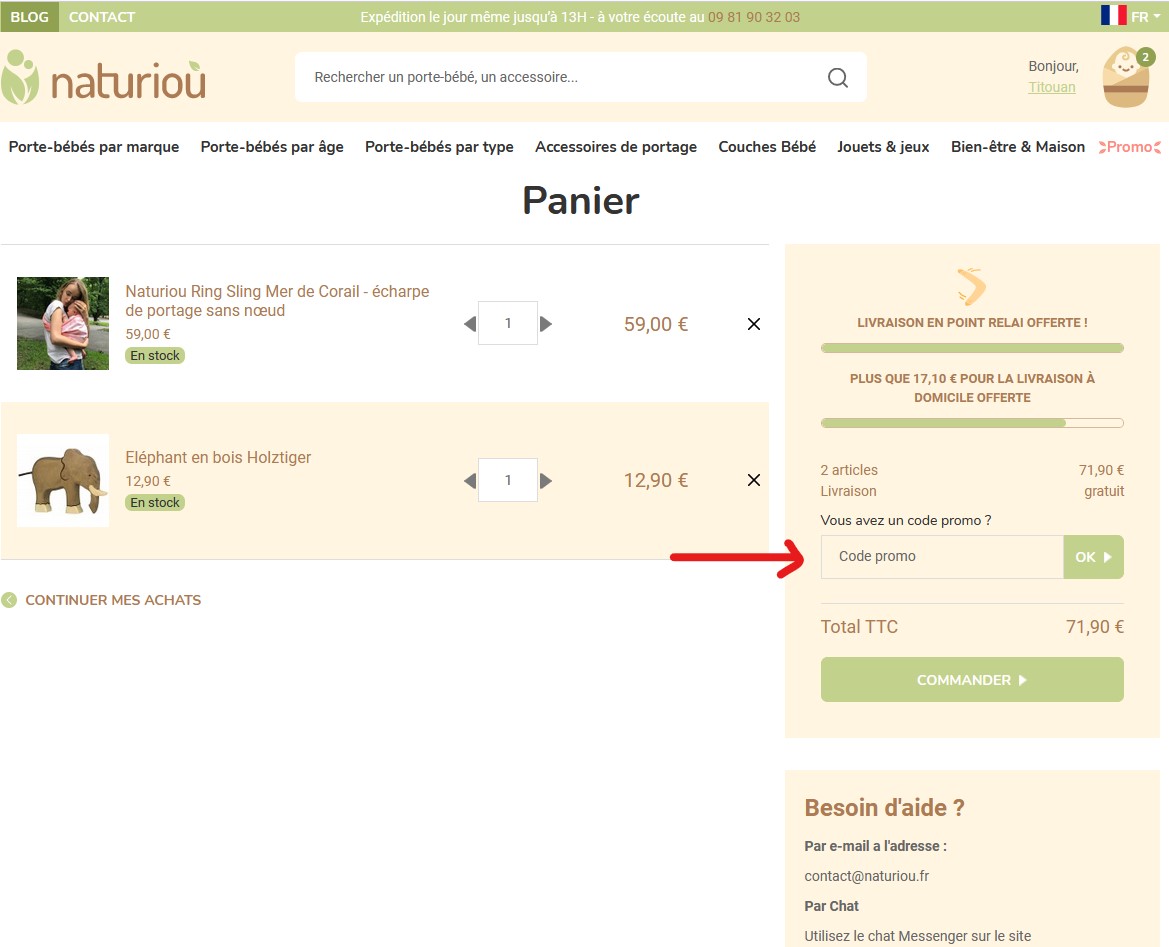 Page du panier Ou utiliser son bon de réduction